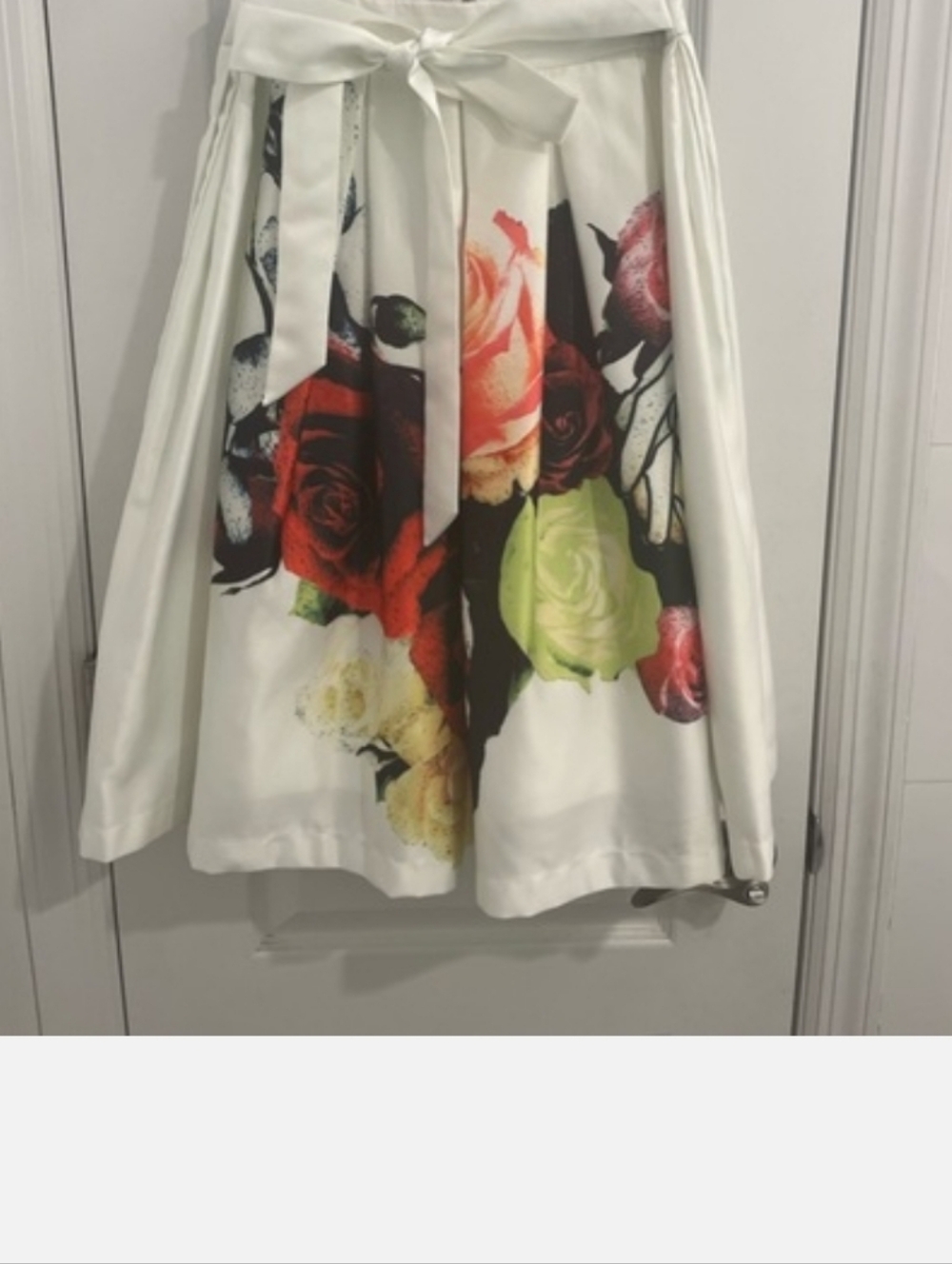Gracia White A-Line Skirt with Colorful Rose Print and Tie Waist
